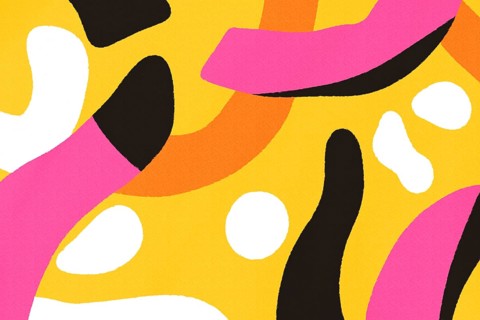 A vivid abstract illustration featuring overlapping shapes with a playful use of pink, black,