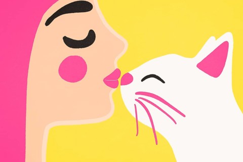 A vibrant illustration showing a woman with pink cheeks and hair kissing a white cat, set against a