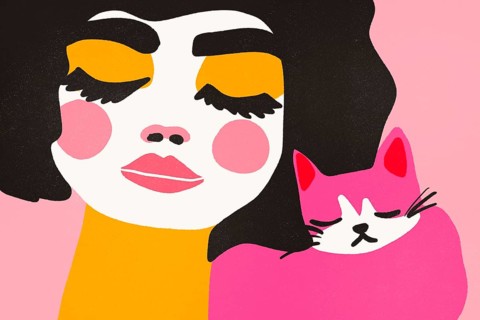 A colorful illustration depicting a stylish woman embracing a pink cat, showcasing a representation