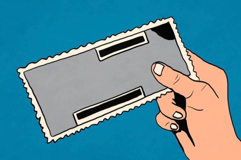 Illustration of a hand holding a ticket against a blue background. The design features bold