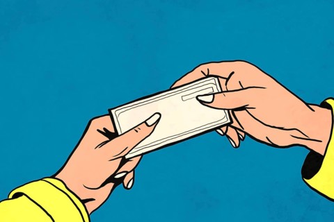 Illustration of two hands exchanging a ticket against a blue background. The artwork captures the