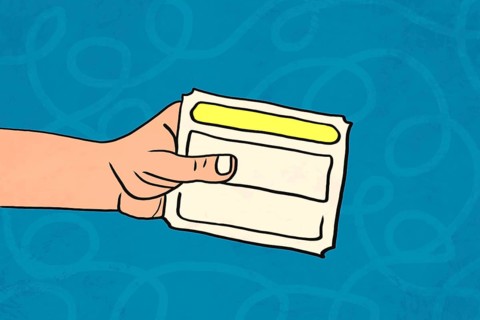 An illustration depicting a hand holding a ticket against a blue background. The simplistic style
