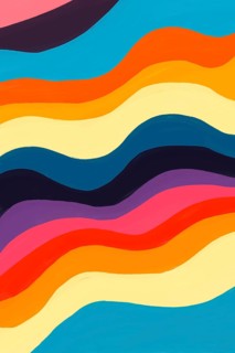 This eye-catching abstract painting features waves in a sequence of vibrant colors against a