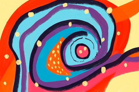 This abstract painting features a dynamic spiral pattern with bold, colorful swirls in orange,