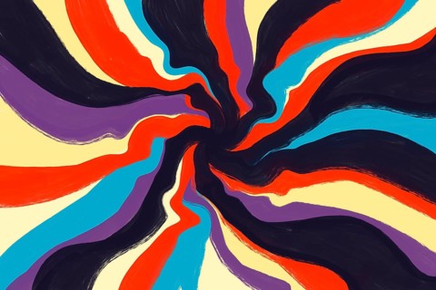 Vivid swirls of black, blue, orange, and purple create a dynamic abstract pattern. Ideal for