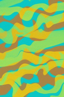 This abstract illustration features a dynamic blend of colorful, wavy shapes in teal, yellow, and