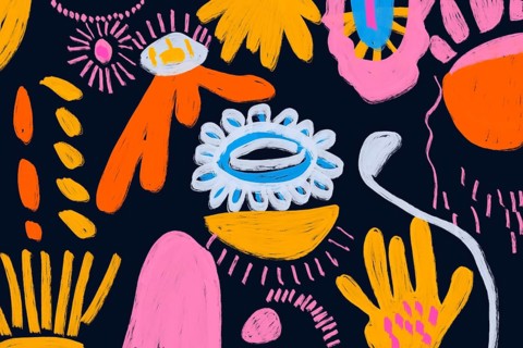 Vibrant abstract art featuring hand-drawn elements such as eyes, hands, and organic shapes in vivid