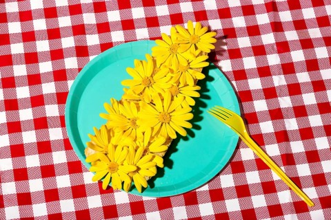 A visually striking arrangement of fresh yellow flowers on a vibrant turquoise plate set against a