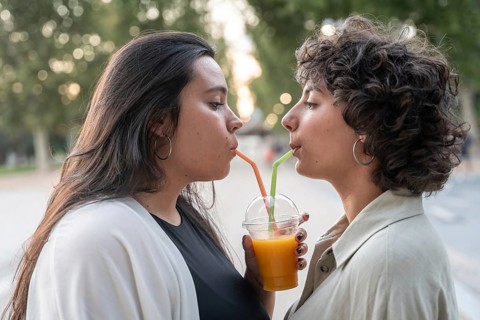 A lesbian couple enjoys a refreshing orange juice outdoors, each sipping through their own straw,