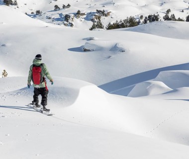 A snowboarder wearing a green jacket and red backpack navigates a pristine snowy landscape,