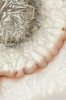 Close-up macro shot of a Brazilian agate slice showcasing intricate crystal structures, translucent