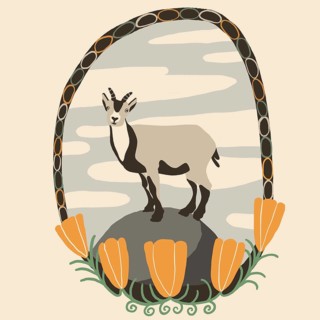 This illustration presents a neoprimitive design with a desert vibe, showcasing a stylized goat