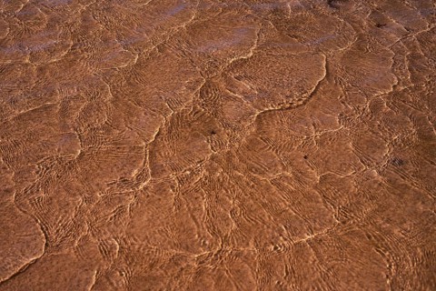 Close-up of the intricate patterns created by sunlight on the rippling shallow waters at La Pared,
