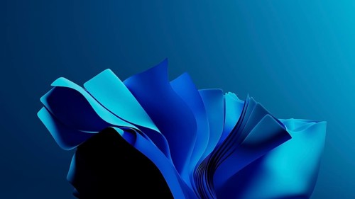 Smooth, flowing blue waves form an abstract background, resembling a digital landscape. The design