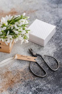 Fresh bouquet of spring snowdrops placed beside a textured white gift box and dark vintage scissors
