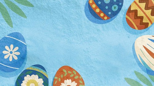 Brightly decorated eggs rest among floral designs, celebrating the arrival of spring. The cheerful