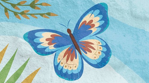 A vibrant butterfly with delicate blue and orange wings flutters gracefully amidst pastel spring
