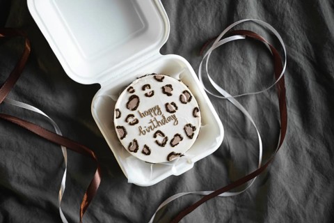 Top view of a stylish bento birthday cake with a Happy Birthday message, decorated with animal