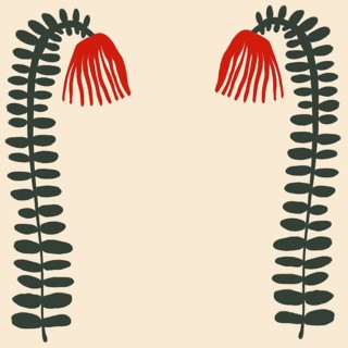 Artistic depiction of two stylized flowers with red petals and green stems against a light