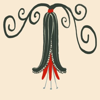This image features a creative floral illustration with elegant green tendrils and intricate red