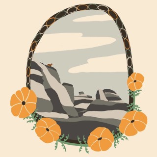 Abstract desert art featuring a stylized animal on rocky terrain, surrounded by a decorative frame