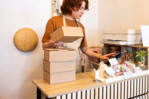 A small business owner multitasking in a shop shop, handling cardboard packages while preparing for