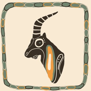 This illustration showcases a stylized neoprimitive animal head, featuring bold lines and vibrant