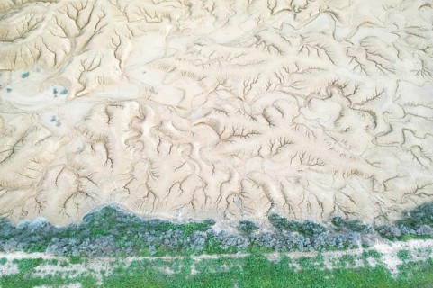 Aerial view of a uniquely textured, arid landscape showcasing patterns of erosion A strip of green