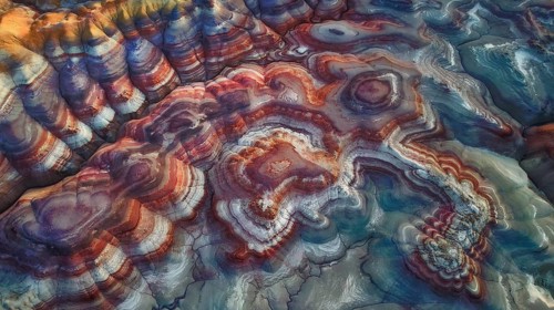 Vibrant aerial image capturing intricate geological patterns. Multicolored layers of rock create an