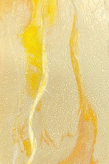 A detailed view of a cracked golden mud surface with flowing yellow lines and intricate patterns,