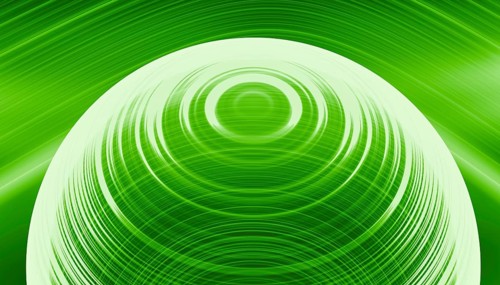 A dynamic and vibrant 3D render of green holographic waves, creating a mesmerizing circular pattern