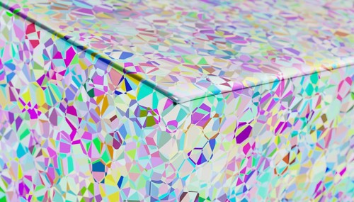 This digital artwork features a mesmerizing array of iridescent geometric patterns rendered in 3D,