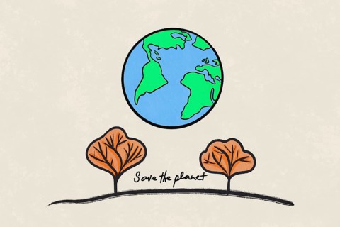 Illustration of planet Earth above two stylized trees, emphasizing the message Save the planet