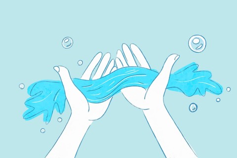 A digital health illustration portraying hands immersed in flowing water, emphasizing hygiene and