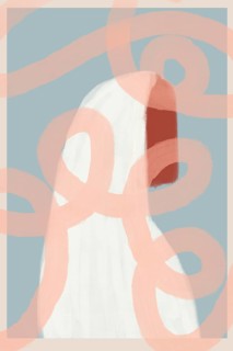 Abstract illustration featuring a mysterious, ghost-like figure enveloped in pastel-toned shapes,
