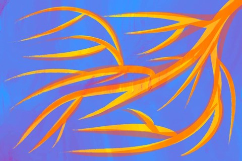 A dynamic illustration featuring vibrant orange branches against a contrasting blue background The