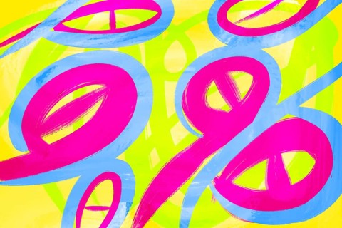 This energetic illustration features vivid abstract patterns in pink, blue, and yellow Dynamic