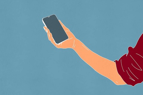 A minimalist illustration showcases a hand holding a smartphone against a simple blue background