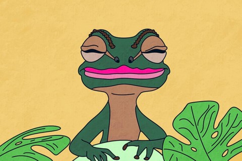 A playful cartoon frog with exaggerated pink lips and sleepy eyes sits on a leafy background The