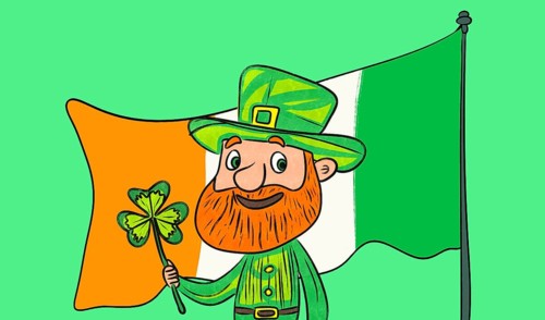 A vibrant illustration depicting a joyful leprechaun holding a shamrock and standing before an