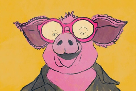 A whimsical illustration of a pink cartoon pig wearing large round glasses, set against a vibrant