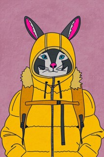 A whimsical illustration of a rabbit wearing a yellow hooded jacket and backpack The playful design
