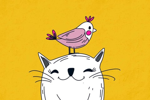A whimsical illustration featuring a happy cat with closed eyes and a quirky bird perched on its