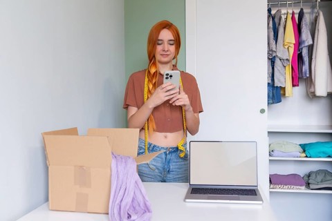 A young woman organizes clothes for online resale, using a laptop and smartphone. A box is ready