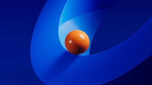 An orange sphere balances on blue geometric forms, creating a striking juxtaposition in an abstract