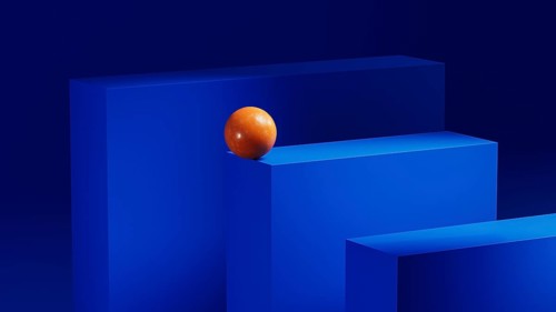 An orange sphere rests on a series of blue geometric shapes, showcasing a striking contrast in an