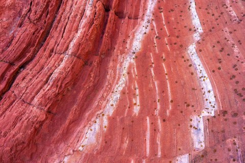 Up-close image capturing the intricate linear erosion patterns and texture on the surface of a red