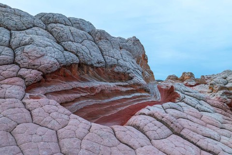 Detailed view of the unique, textured rock formations at White Pocket, Arizona, USA, featuring