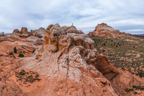 Unrecognizable person standing on a unique rock formation at White Pocket, Arizona, USA,