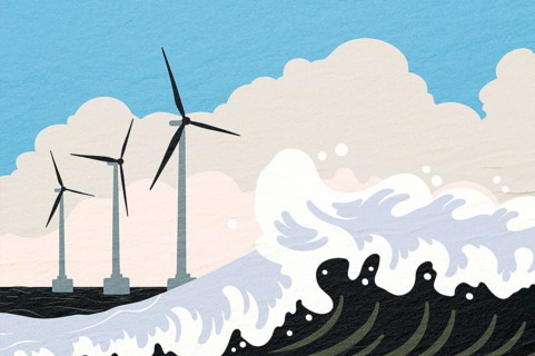 Wind turbines rise above ocean waves, showcasing renewable energy technology in a harmonious
